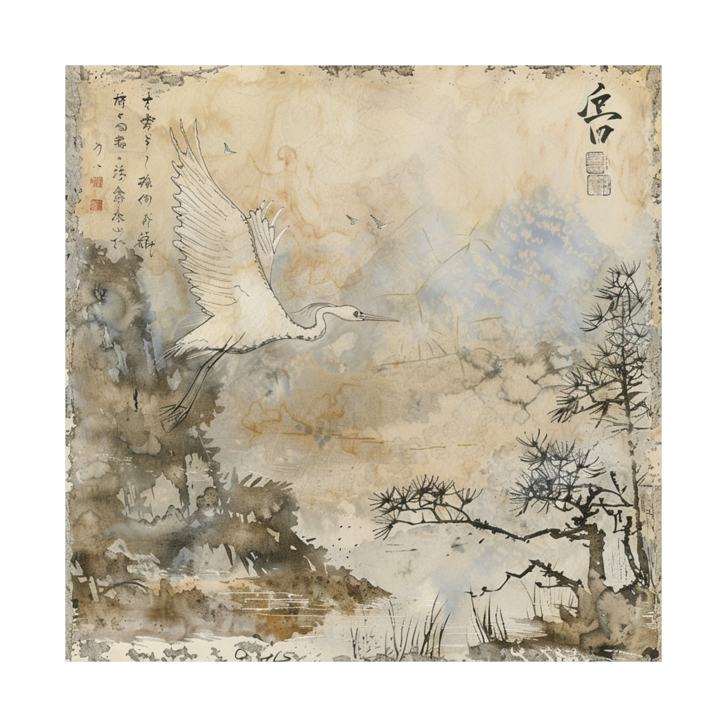 Crane in Japanese Art Style, Japanese Wall Art, Gallery Wall Art, Japanese Poster, Japanese Fine Art, Japanese VIntage Wall Art