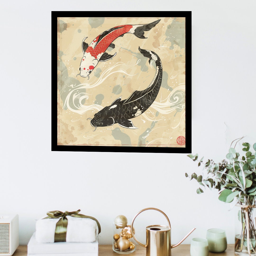 Koi Fish in Japanese Art Style, Japanese Wall Art, Koi Fish Wall Art, Japanese Poster, Animal Living Decor, Animal Wall Art