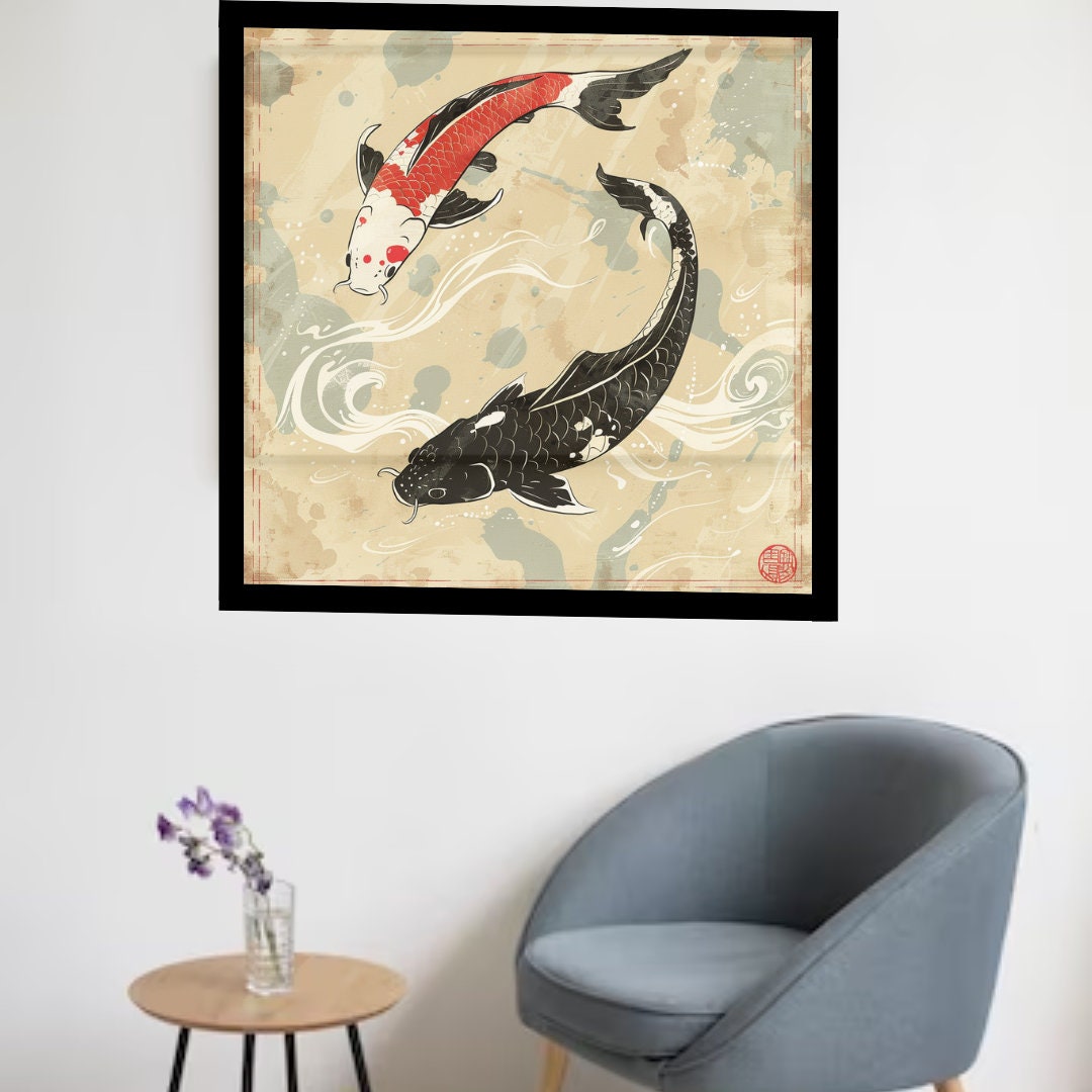 Koi Fish in Japanese Art Style, Japanese Wall Art, Koi Fish Wall Art, Japanese Poster, Animal Living Decor, Animal Wall Art