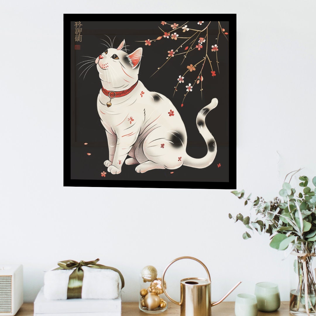 Cat in Japanese Art Style, Japanese Wall Art, Cat Wall Art, Japanese Cat Poster, Cute Animal Wall Art, Cute Animal Poster, Animal Decor