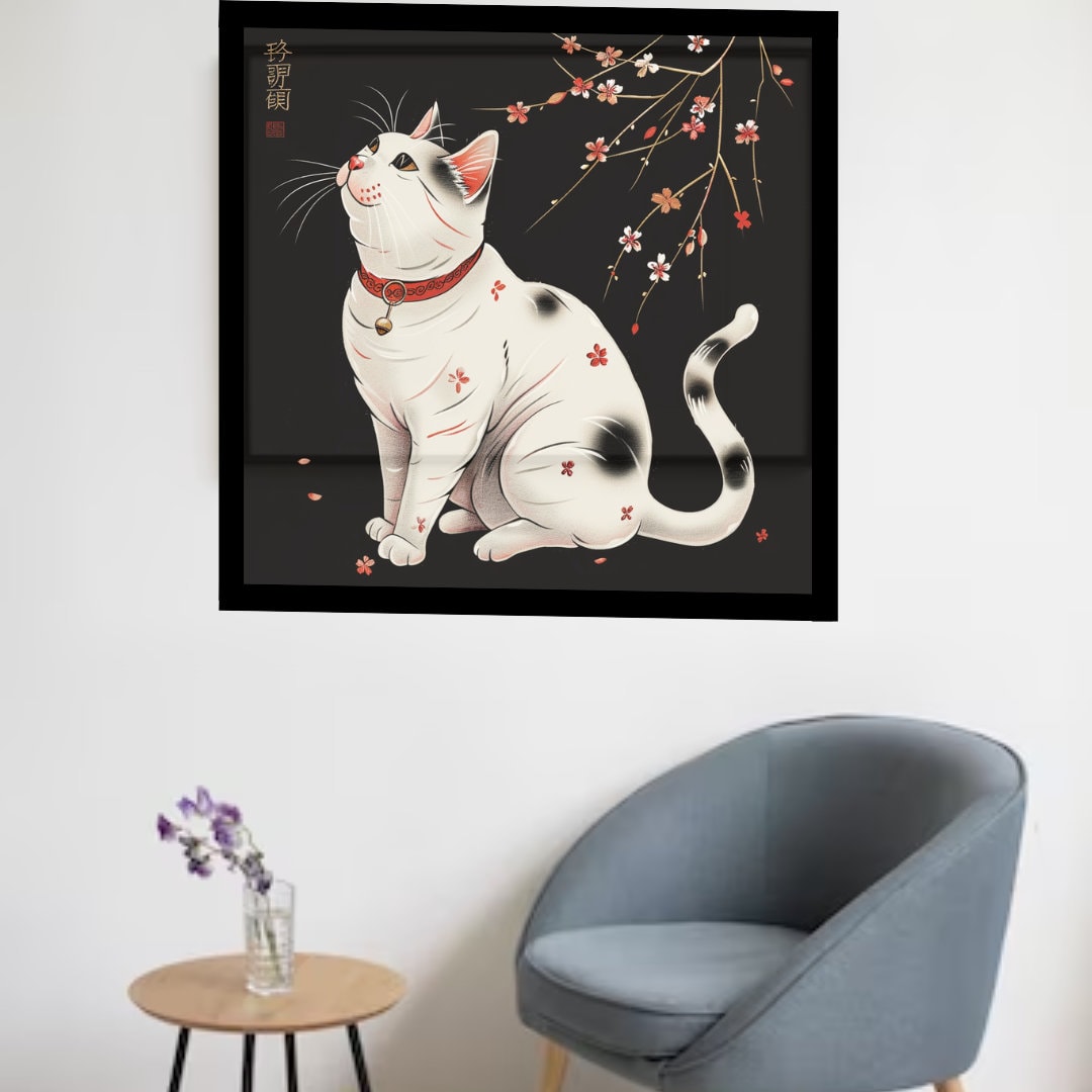 Cat in Japanese Art Style, Japanese Wall Art, Cat Wall Art, Japanese Cat Poster, Cute Animal Wall Art, Cute Animal Poster, Animal Decor