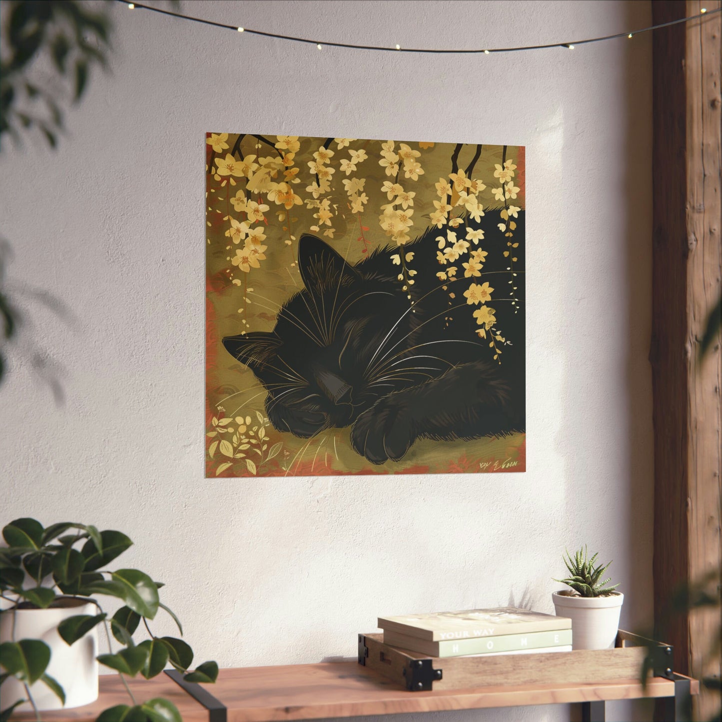 Sleeping Black Cat in Japanese Art Style, Japanese Wall Art, Cat Wall Art, Japanese Poster, Animal Poster, Animal Wall Art, Colorful Poster