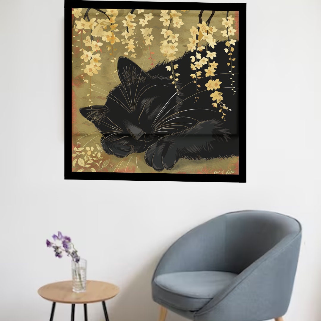 Sleeping Black Cat in Japanese Art Style, Japanese Wall Art, Cat Wall Art, Japanese Poster, Animal Poster, Animal Wall Art, Colorful Poster