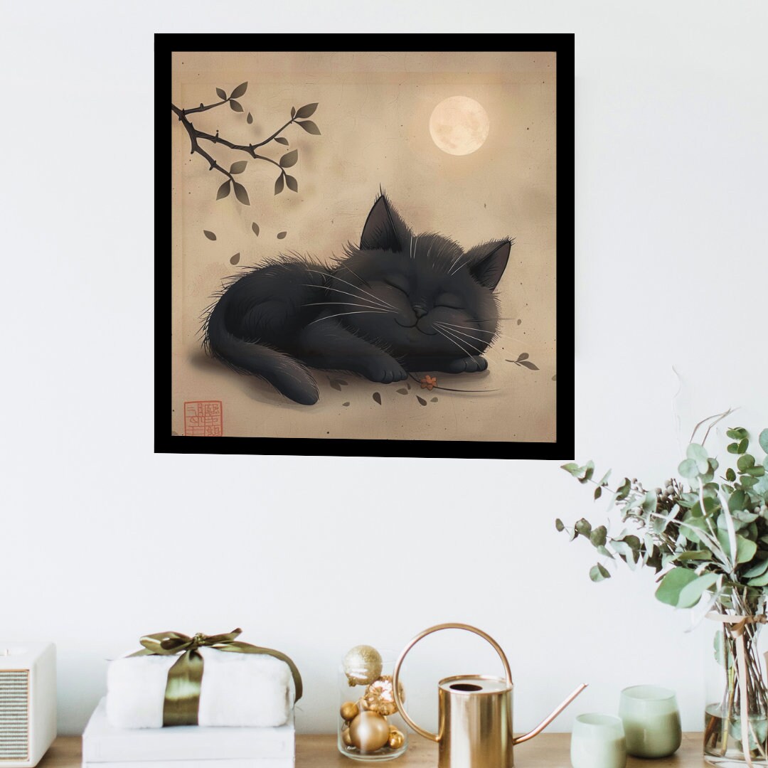 Black Cat Sleeping in Japanese Art Style, Cat Wall Art, Japanese Poster, Japanese Fine Art, Animal Poster, Animal Wall Art