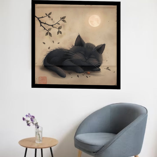 Black Cat Sleeping in Japanese Art Style, Cat Wall Art, Japanese Poster, Japanese Fine Art, Animal Poster, Animal Wall Art