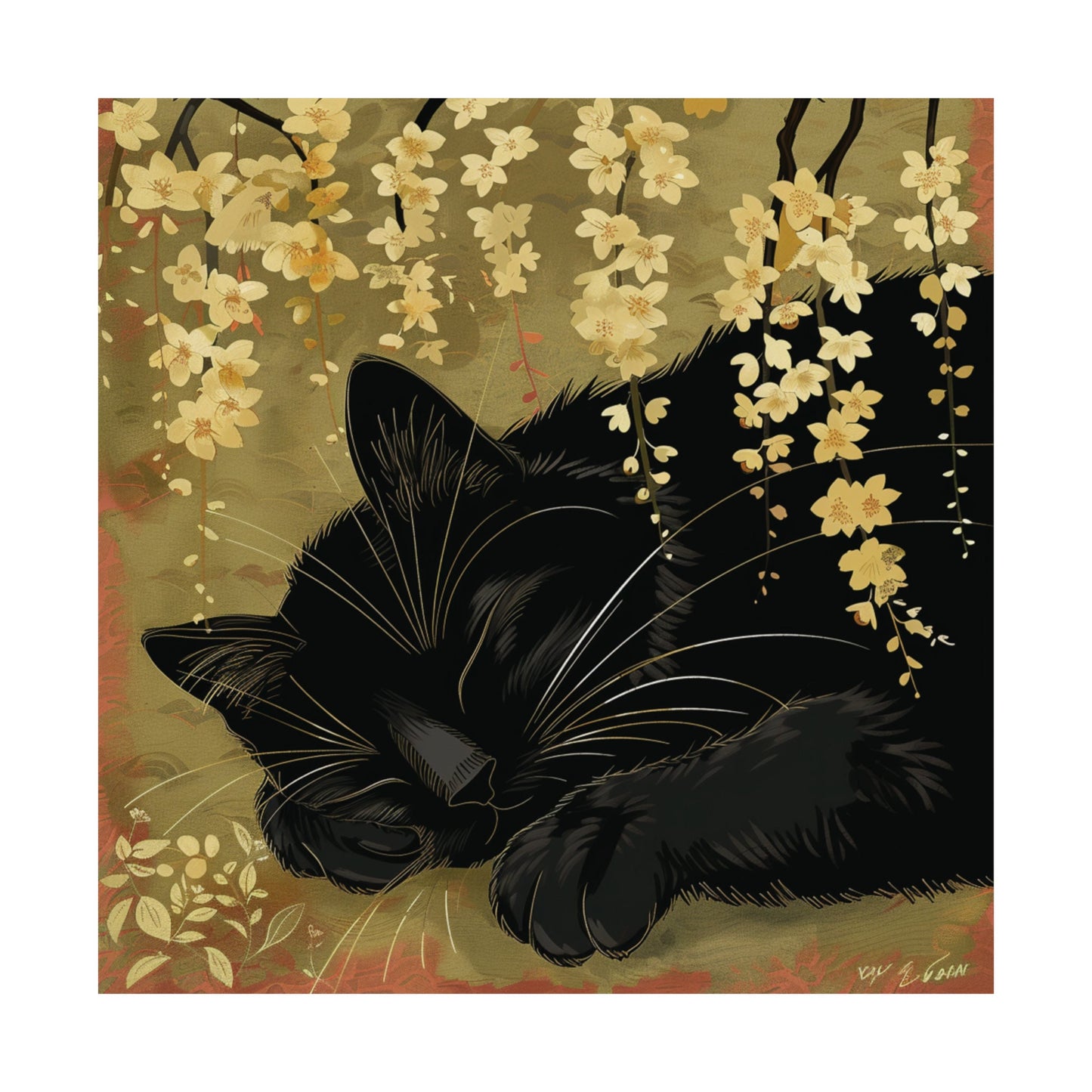 Sleeping Black Cat in Japanese Art Style, Japanese Wall Art, Cat Wall Art, Japanese Poster, Animal Poster, Animal Wall Art, Colorful Poster