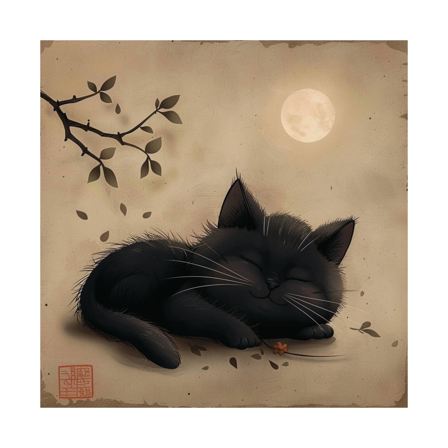 Black Cat Sleeping in Japanese Art Style, Cat Wall Art, Japanese Poster, Japanese Fine Art, Animal Poster, Animal Wall Art