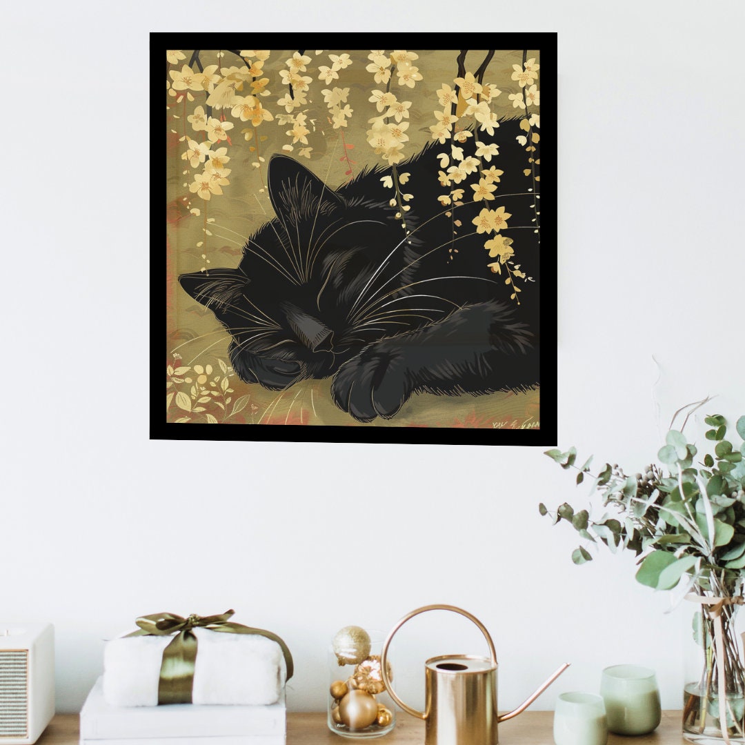 Sleeping Black Cat in Japanese Art Style, Japanese Wall Art, Cat Wall Art, Japanese Poster, Animal Poster, Animal Wall Art, Colorful Poster