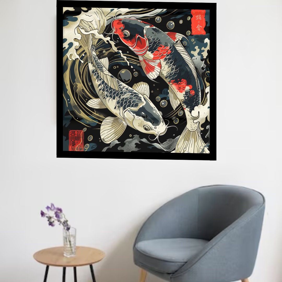 Koi Fish in Japanese Art Style, Japanese Wall Art, Koi Fish Wall Art, Colorful High Quality Japanese Poster, Home Living Decor