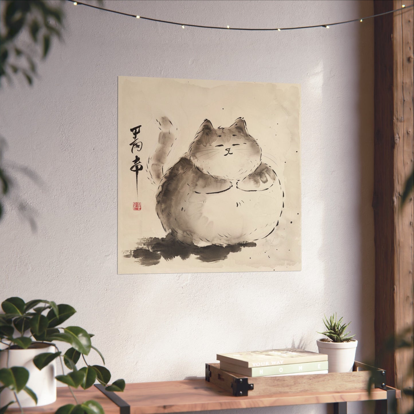 Fat Fluffy Cat in Japanese Art Style, Japanese Poster, Japanese Fine Art, Cat Poster, High Quality Poster, Ink Wash Art, Cute Cat Poster