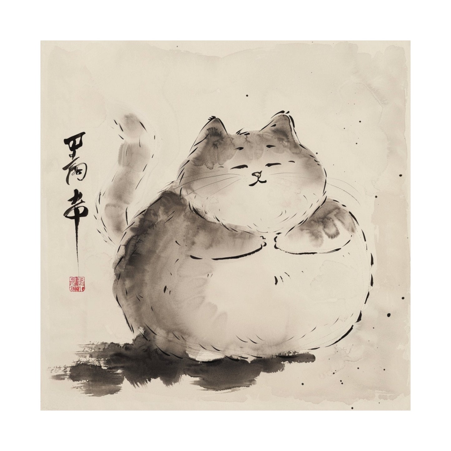 Fat Fluffy Cat in Japanese Art Style, Japanese Poster, Japanese Fine Art, Cat Poster, High Quality Poster, Ink Wash Art, Cute Cat Poster