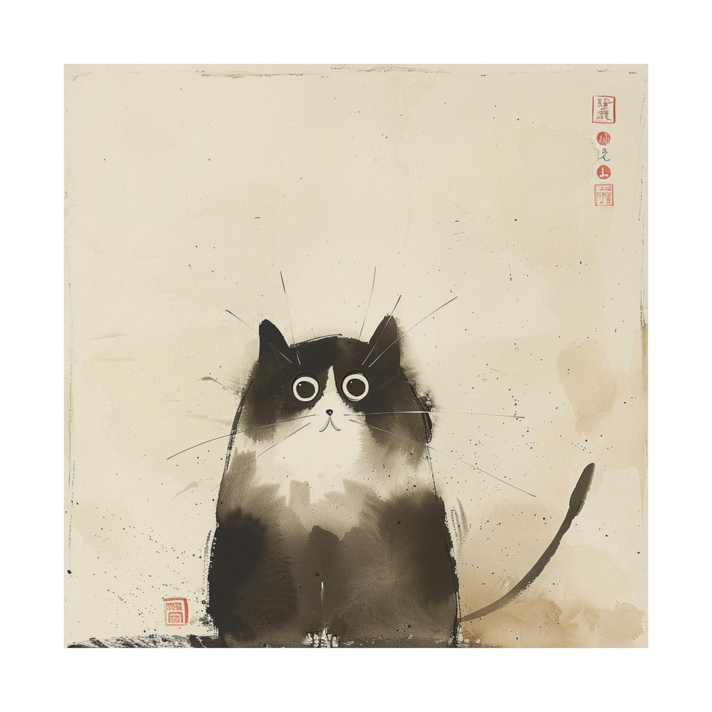 Confused Cat in Japanese Art Style, Japanese Poster, Japanese Fine Art, Cat Wall Art, High Quality Poster, Ink Wash Style, Cute Cat Poster