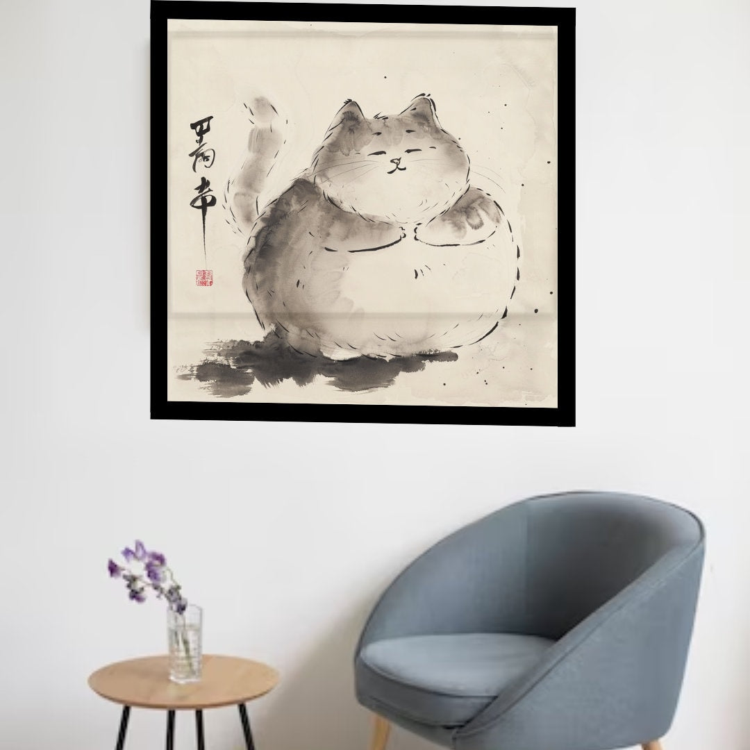 Fat Fluffy Cat in Japanese Art Style, Japanese Poster, Japanese Fine Art, Cat Poster, High Quality Poster, Ink Wash Art, Cute Cat Poster