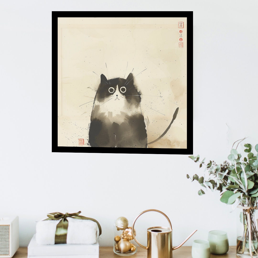 Confused Cat in Japanese Art Style, Japanese Poster, Japanese Fine Art, Cat Wall Art, High Quality Poster, Ink Wash Style, Cute Cat Poster