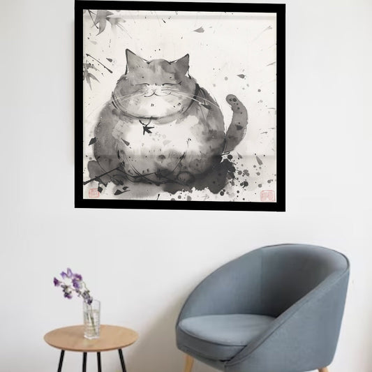 Fat Fluffy Happy Cat in Japanese Art Style,  Japanese Fine Art, Cat Wall Art, High Quality Poster, Ink Wash Style, Cute Cat Poster