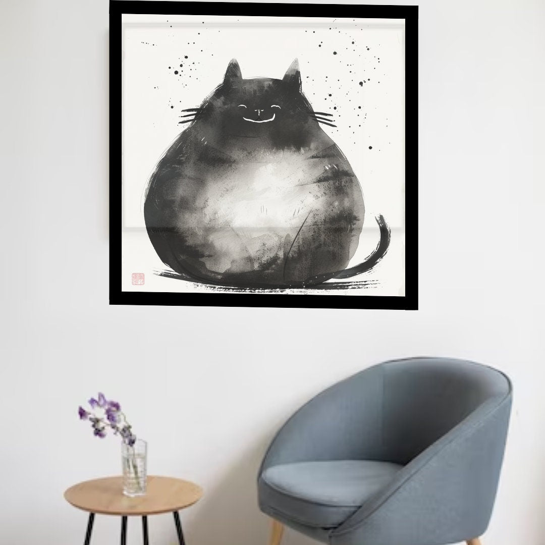 Fat Fluffy Happy Cat in Japanese Art Style, Japanese Fine Art, Cat Wall Art, High Quality Poster, Ink Wash Style, Cute Cat Poster, Ink Wash