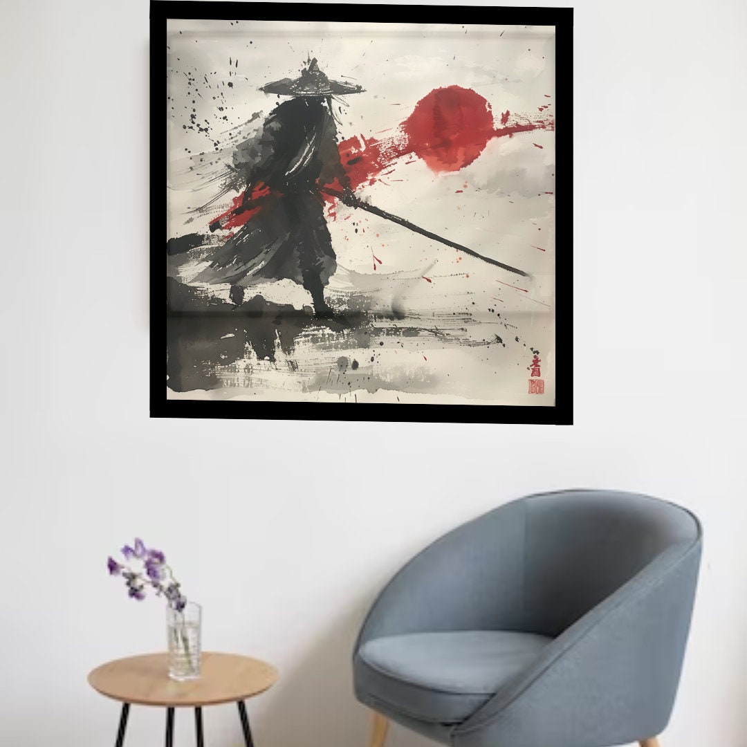 Samurai in Japanese Art Style, Japanese Fine Art, Samurai Wall Art, High Quality Poster, Ink Wash Style, Ink Wash Art, Office Decor