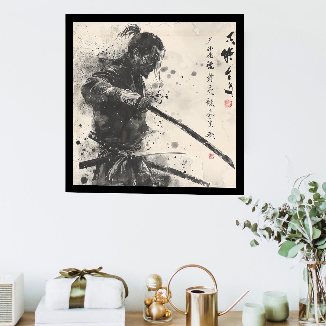 Samurai Last Dance in Japanese Art Style, Japanese Fine Art, Samurai Wall Art, High Quality Poster, Ink Wash Style, Ink Wash Art