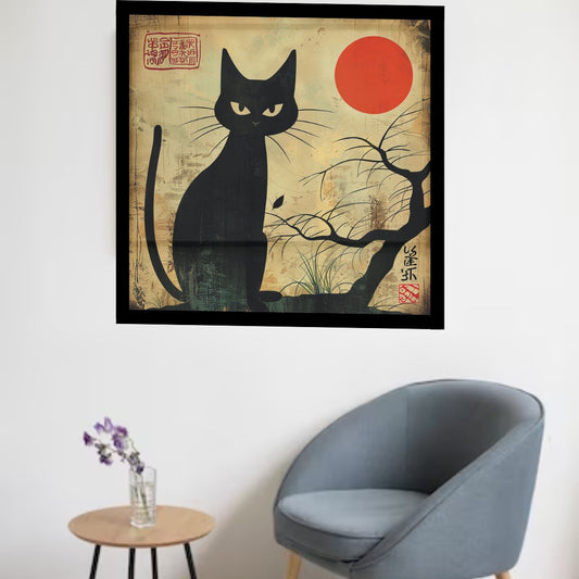 Japanese Black Cat Poster, Japanese Cat Art print, Cat Lovers Gift, Japanese VIntage Wall Art, Japanese woodblock print, Animal Wall Decor