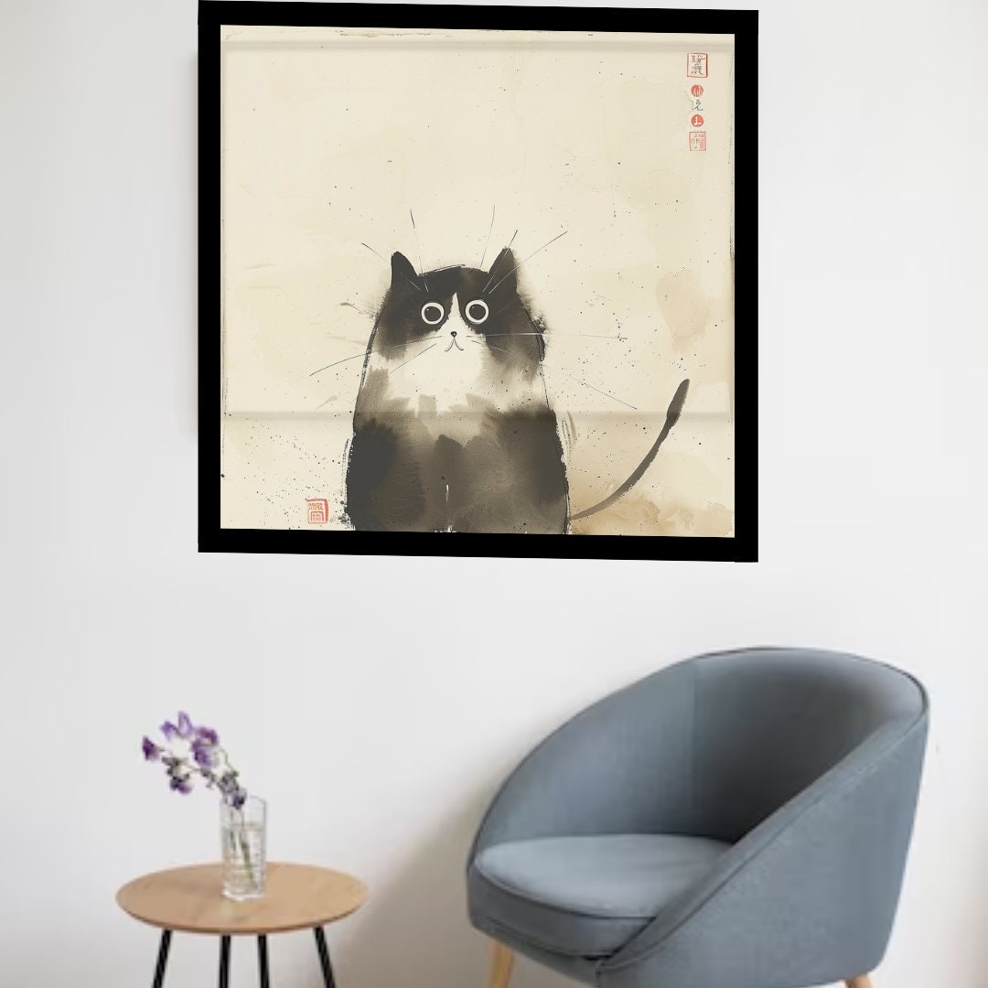 Confused Cat in Japanese Art Style, Japanese Poster, Japanese Fine Art, Cat Wall Art, High Quality Poster, Ink Wash Style, Cute Cat Poster