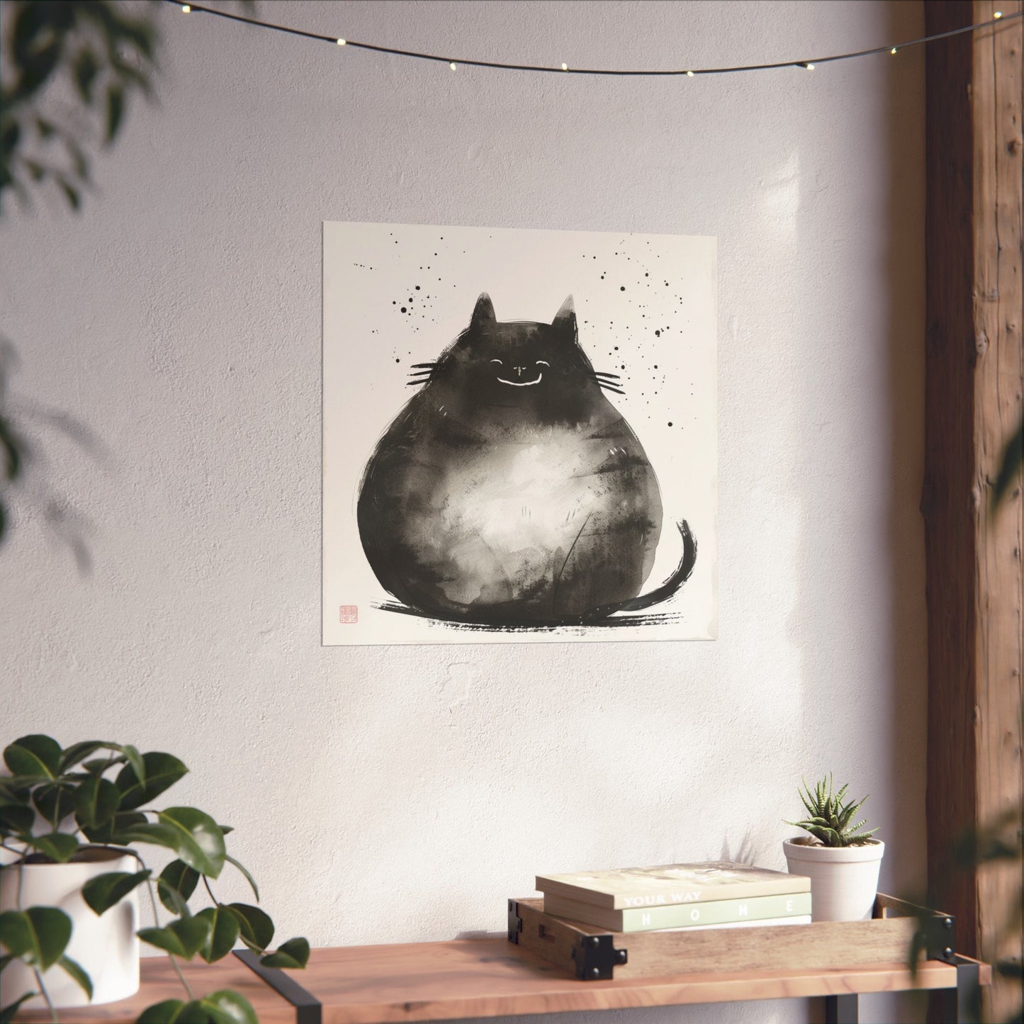 Fat Fluffy Happy Cat in Japanese Art Style, Japanese Fine Art, Cat Wall Art, High Quality Poster, Ink Wash Style, Cute Cat Poster, Ink Wash