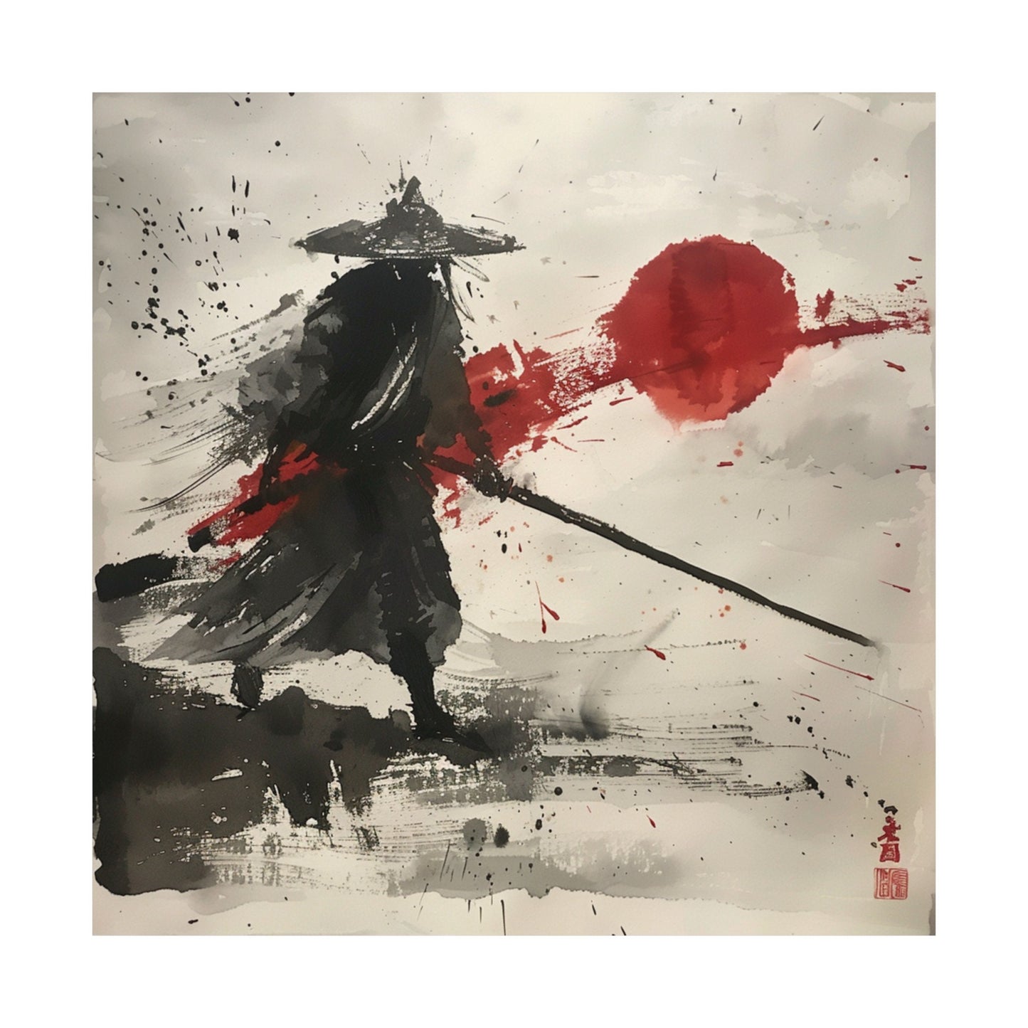 Samurai in Japanese Art Style, Japanese Fine Art, Samurai Wall Art, High Quality Poster, Ink Wash Style, Ink Wash Art, Office Decor