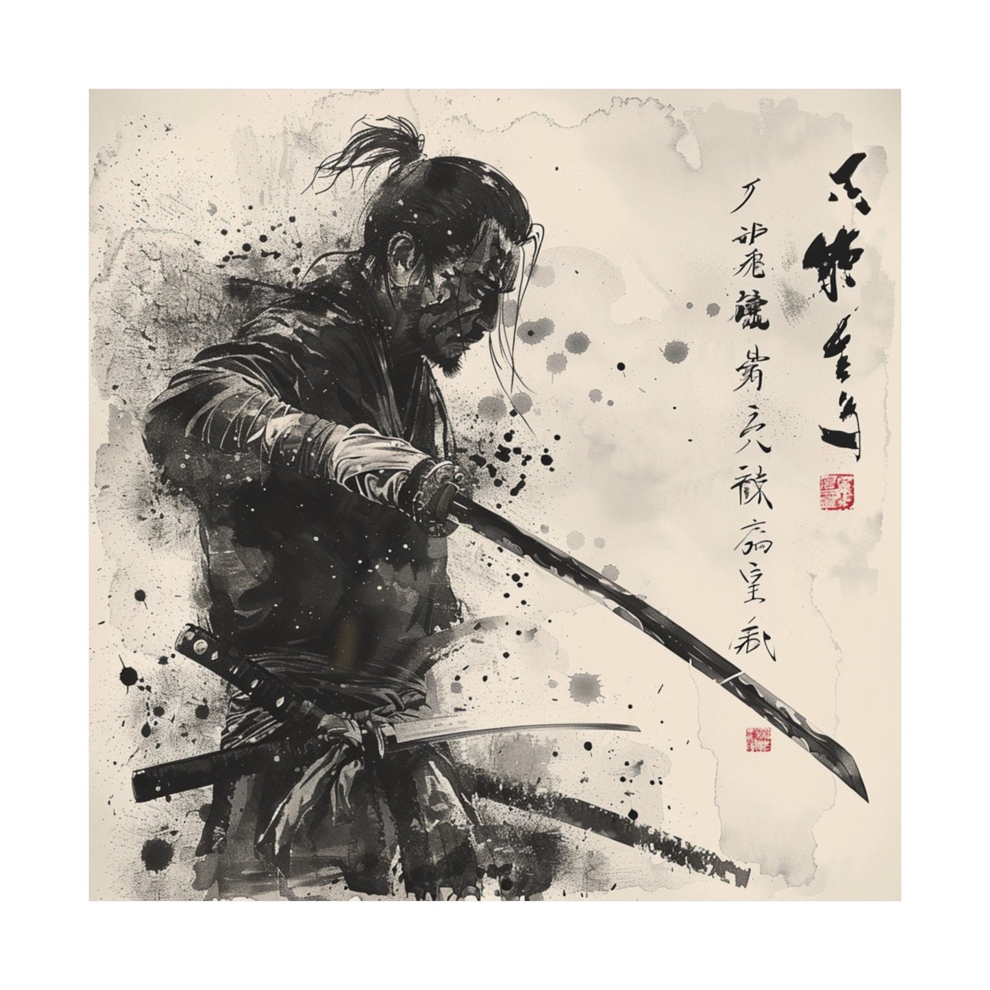 Samurai Last Dance in Japanese Art Style, Japanese Fine Art, Samurai Wall Art, High Quality Poster, Ink Wash Style, Ink Wash Art