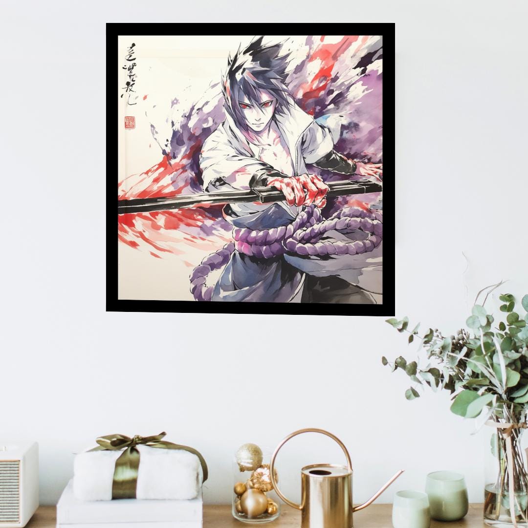 Sasuke in Japanese Art Style, Japanese Fine Art, Anime Wall Art, High Quality Poster, Ink Wash Style, Naruto Poster, Sasuke Poster